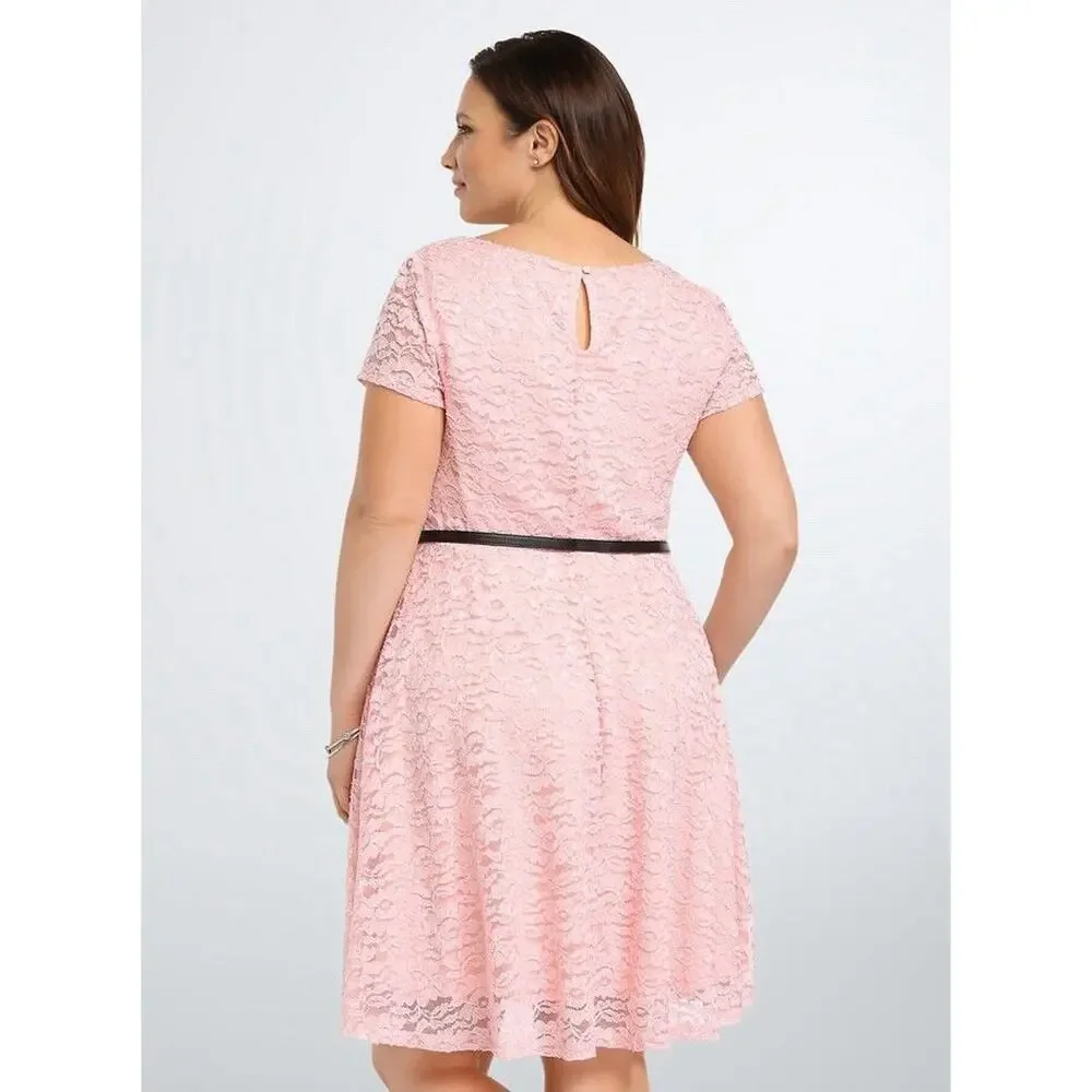 Torrid Sparkle Lace Skater Dress Belted V-Neck Pink Plus Size 2 2X *Read H13562 - Picture 8 of 16